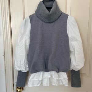 Gray and White Cowl Turtleneck Sweater with Puffy Sleeves